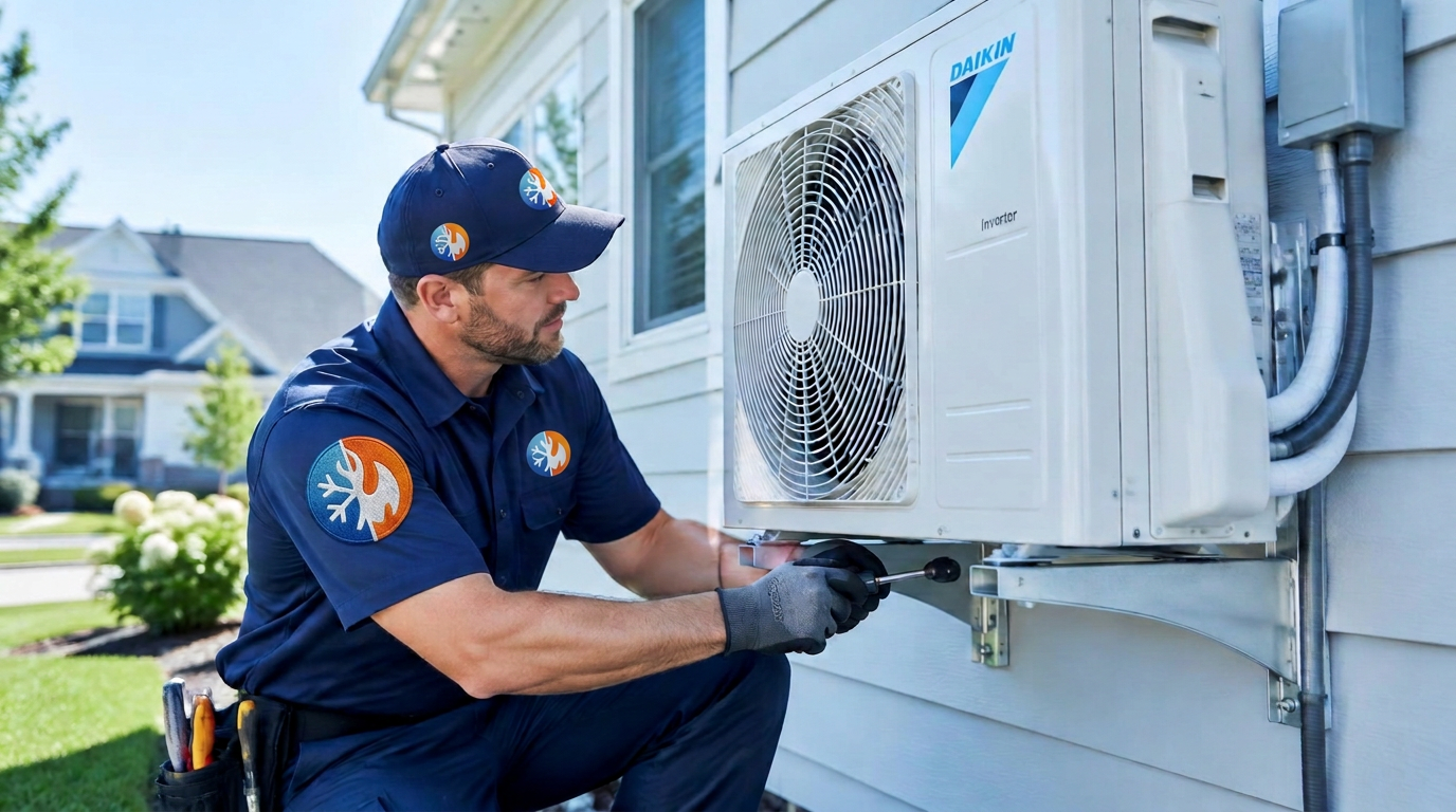 Technician working on a wall-mounted heat pump